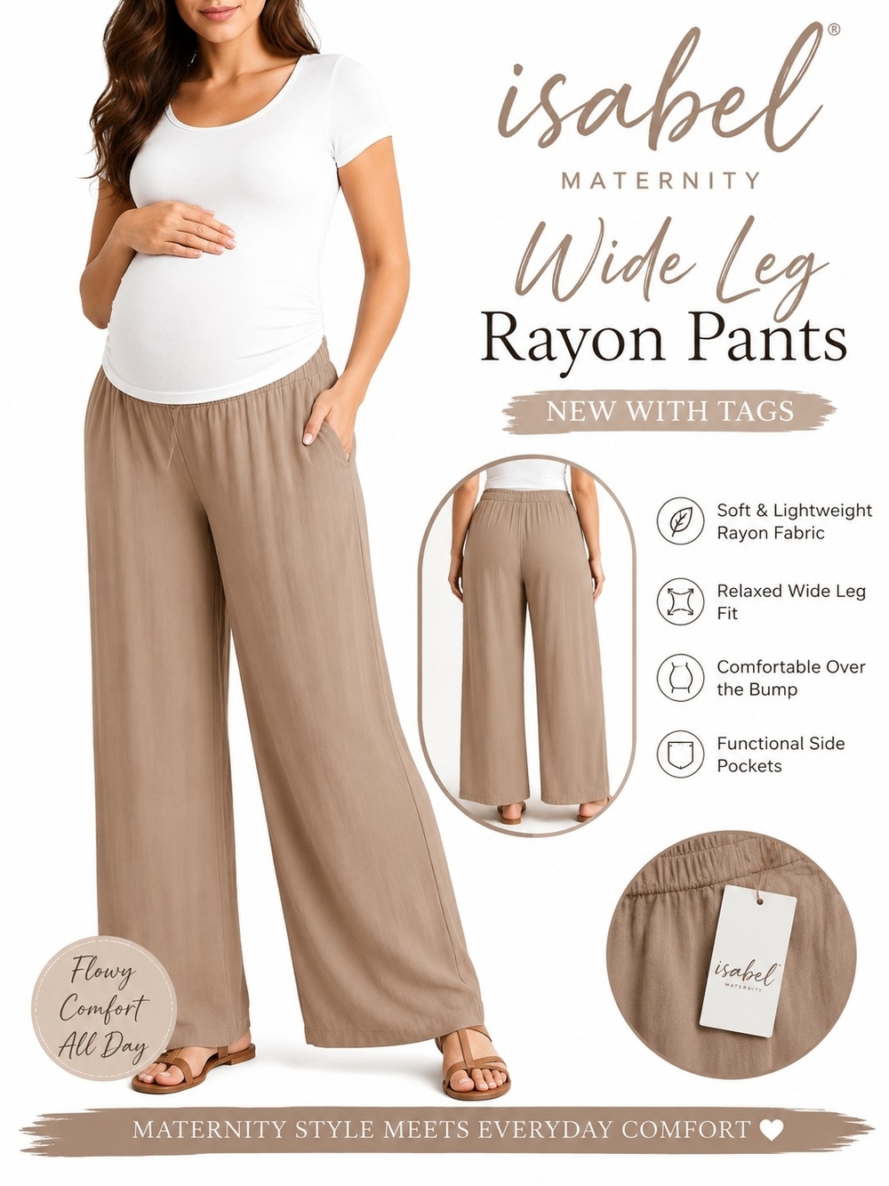 Isabel Maternity by Ingrid & Isabel Wide Leg Rayon Pants — Taupe
